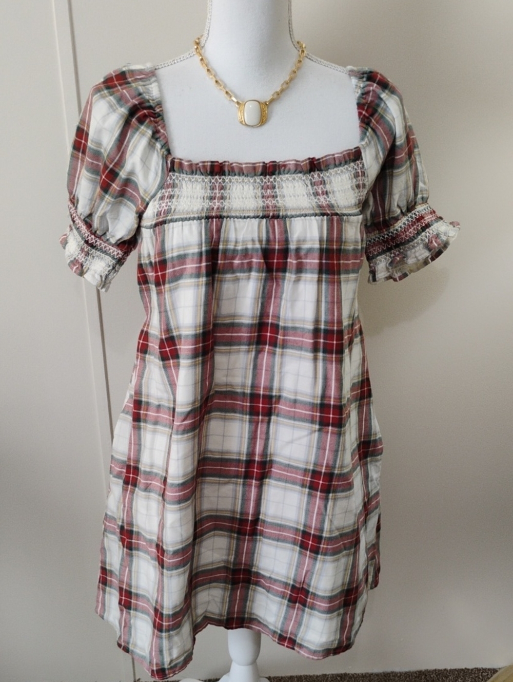 New American Eagle Outfitters Red and Cream Plaid Square Neck Mini Dress